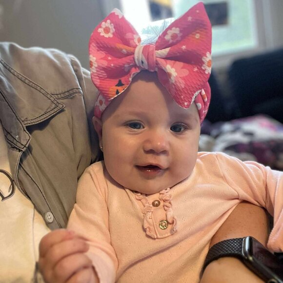 Festive Pink Halloween Bow Headband for Kids handmade, 0-3 months - Picture 4 of 4